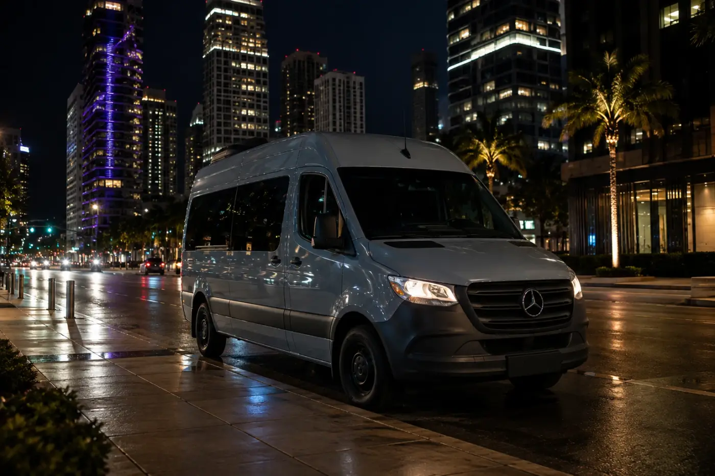 The VanVenture MIA van glowing in downtown Miami at night
